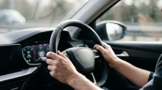 Driver's hands resting on steering wheel with adaptive cruise control engaged on motorway