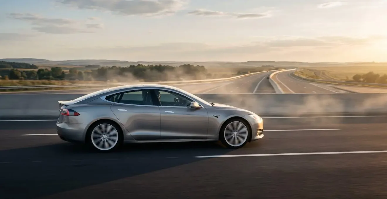 Side profile of a sleek modern sedan cutting through airflow on a motorway at speed, emphasizing streamlined body contours and minimal drag