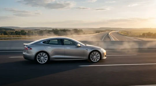 Side profile of a sleek modern sedan cutting through airflow on a motorway at speed, emphasizing streamlined body contours and minimal drag