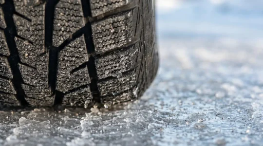 Close-up view of vehicle tire maintaining contact with icy road surface during emergency braking, demonstrating ABS functionality
