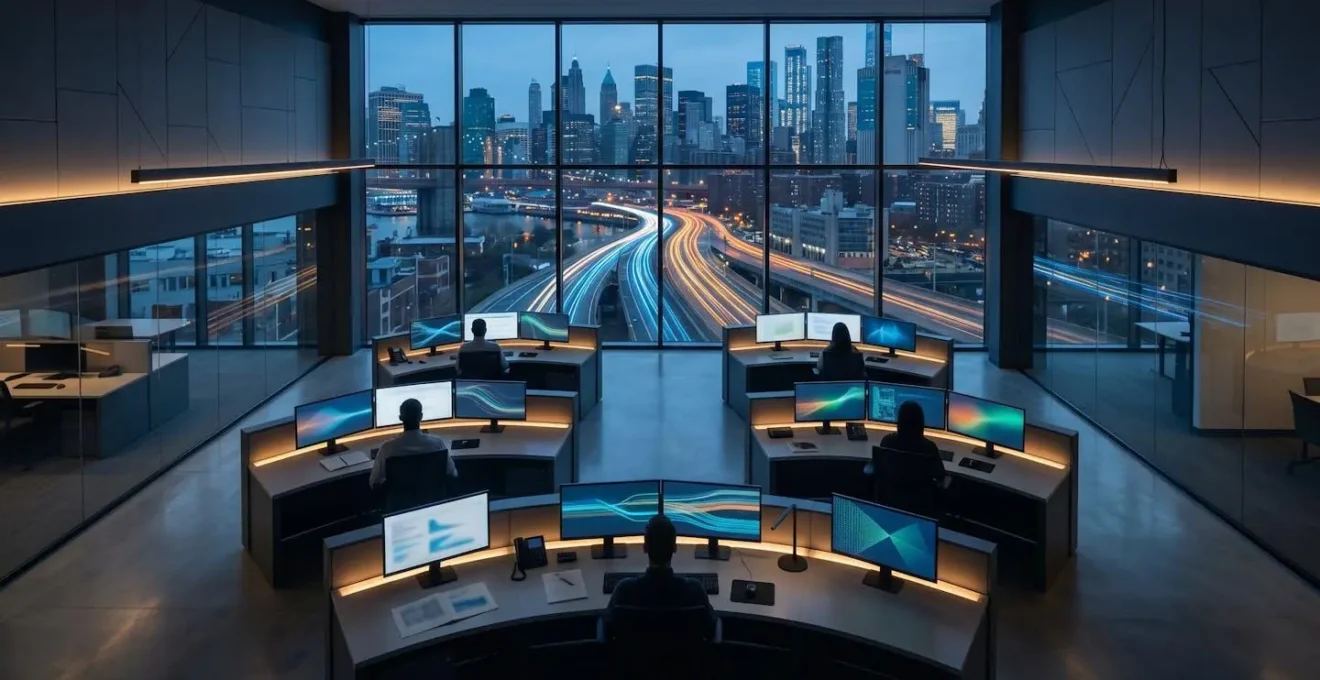 Advanced urban traffic control center with real-time monitoring systems managing city-wide traffic flow