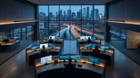 Advanced urban traffic control center with real-time monitoring systems managing city-wide traffic flow