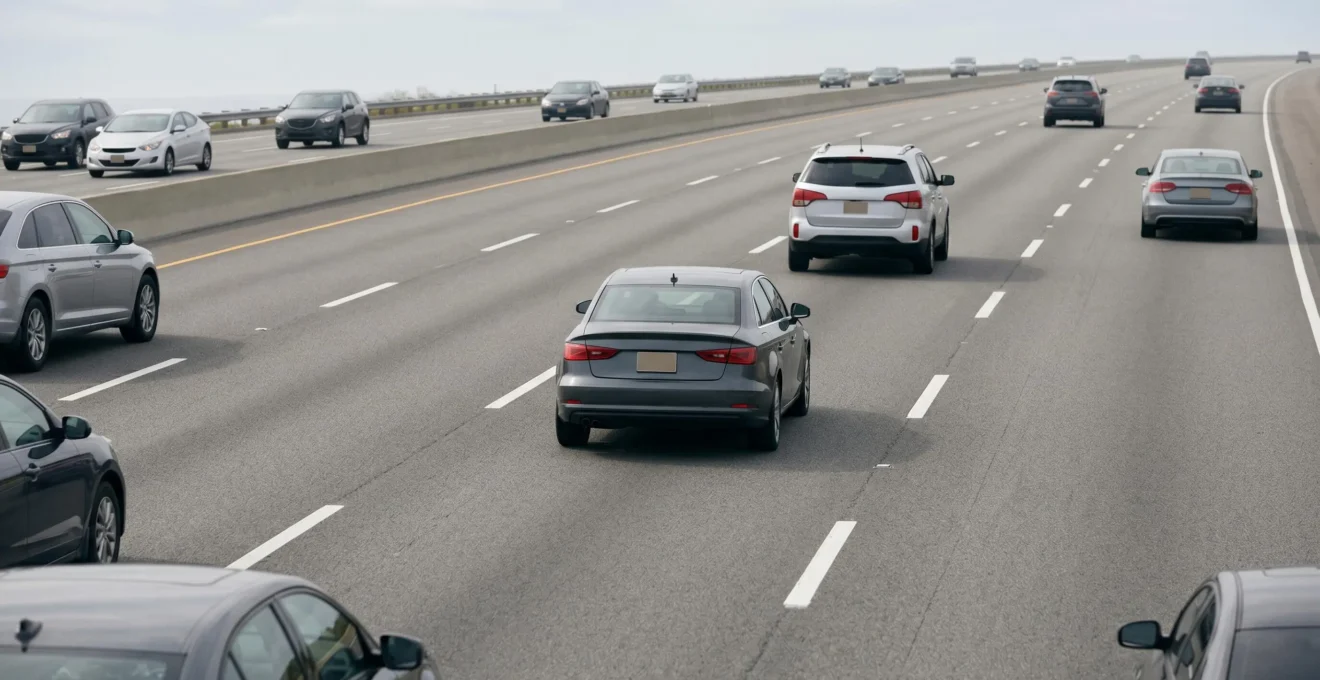 Highway driving scene showing safe vehicle spacing and scanning ahead technique for defensive driving accident prevention
