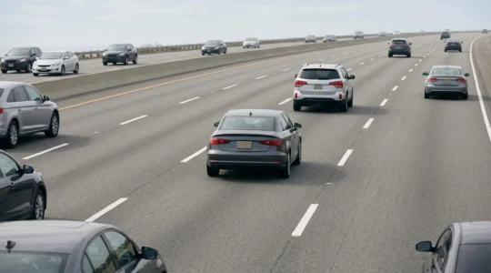 Highway driving scene showing safe vehicle spacing and scanning ahead technique for defensive driving accident prevention