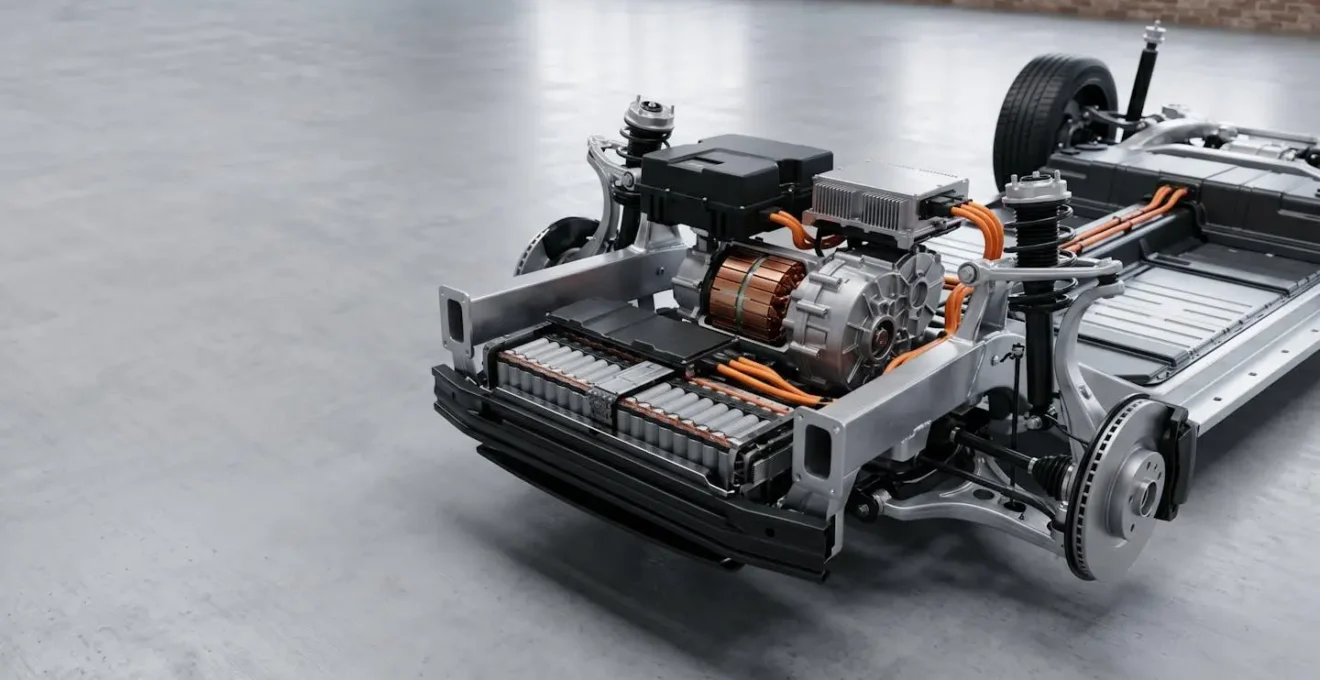 Cross-sectional view of an electric vehicle powertrain showing motor, inverter, and battery pack integration