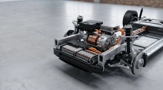 Cross-sectional view of an electric vehicle powertrain showing motor, inverter, and battery pack integration