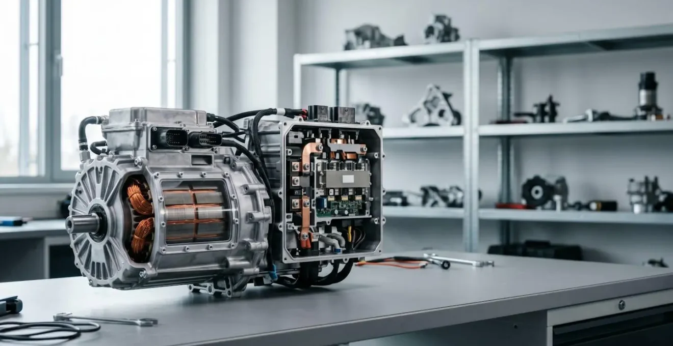 Electric vehicle propulsion system cutaway showing motor inverter and drivetrain components with energy flow visualization