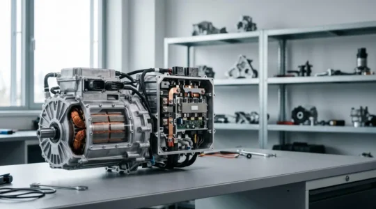 Electric vehicle propulsion system cutaway showing motor inverter and drivetrain components with energy flow visualization