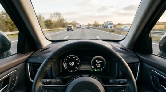 Modern car dashboard showing fuel economy display with efficient driving indicators at optimal highway speed