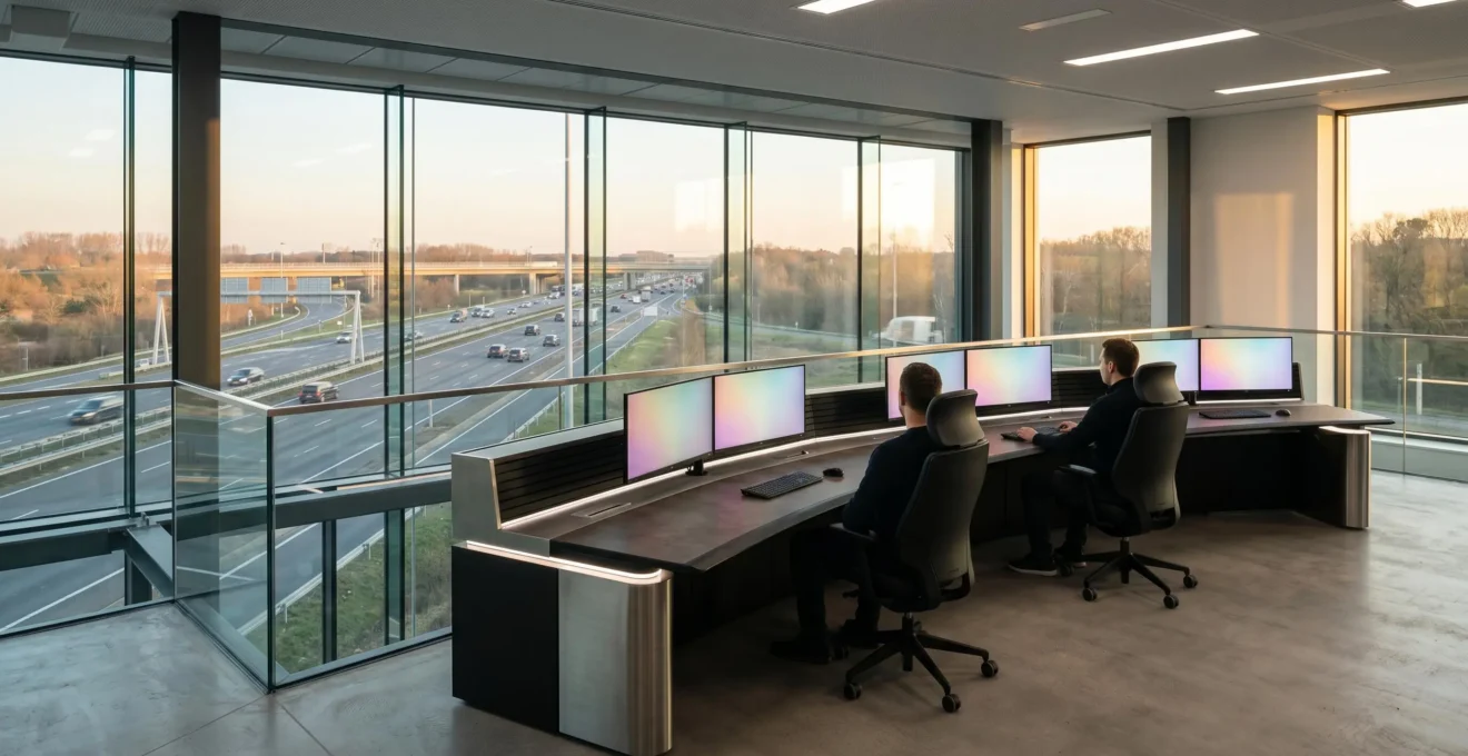 Professional logistics control center displaying route planning data for heavy goods vehicles fleet optimization