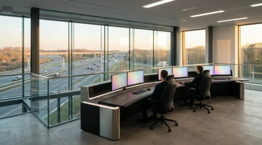Professional logistics control center displaying route planning data for heavy goods vehicles fleet optimization