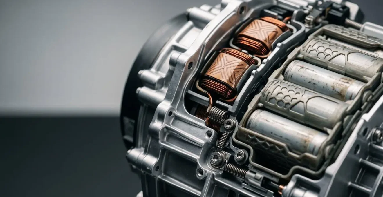 Close-up detail of a modern hybrid powertrain system showing battery and engine components in soft natural light
