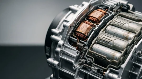 Close-up detail of a modern hybrid powertrain system showing battery and engine components in soft natural light