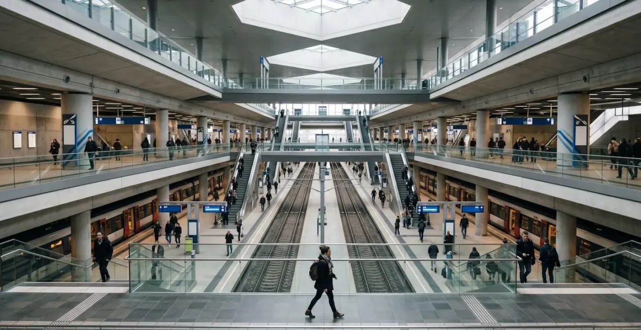 A traveler confidently navigating a major metro hub station with clear directional signage and multiple platform connections