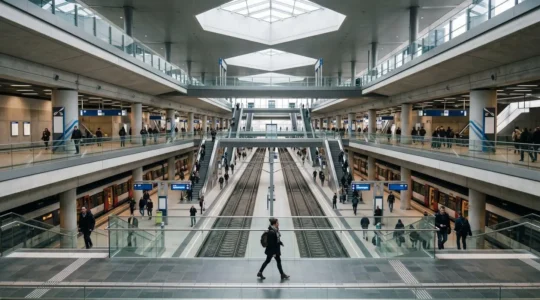 A traveler confidently navigating a major metro hub station with clear directional signage and multiple platform connections