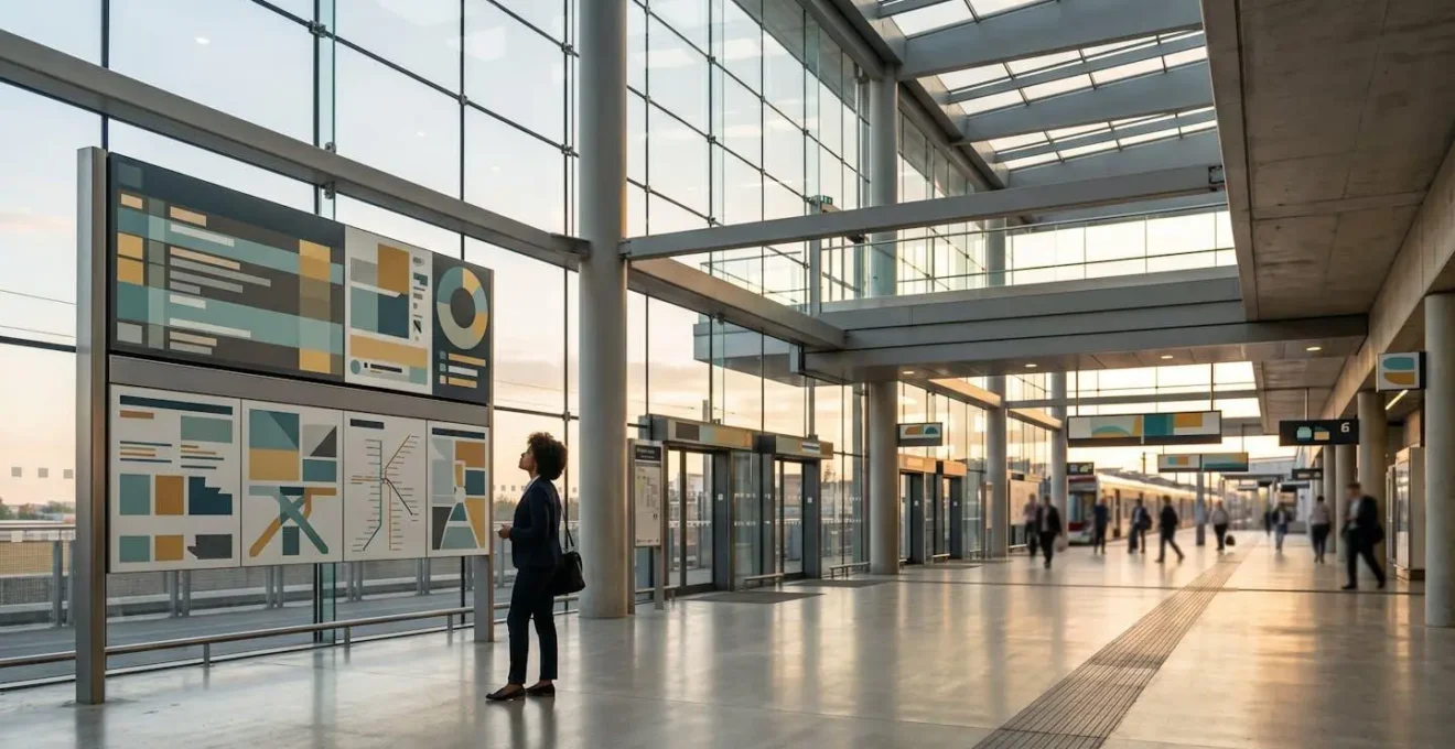 Commuter planning journey at modern UK transit hub with multiple transport options visible