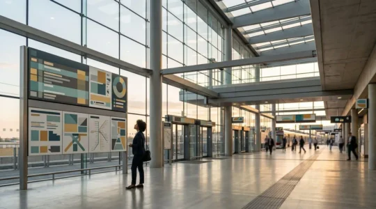 Commuter planning journey at modern UK transit hub with multiple transport options visible