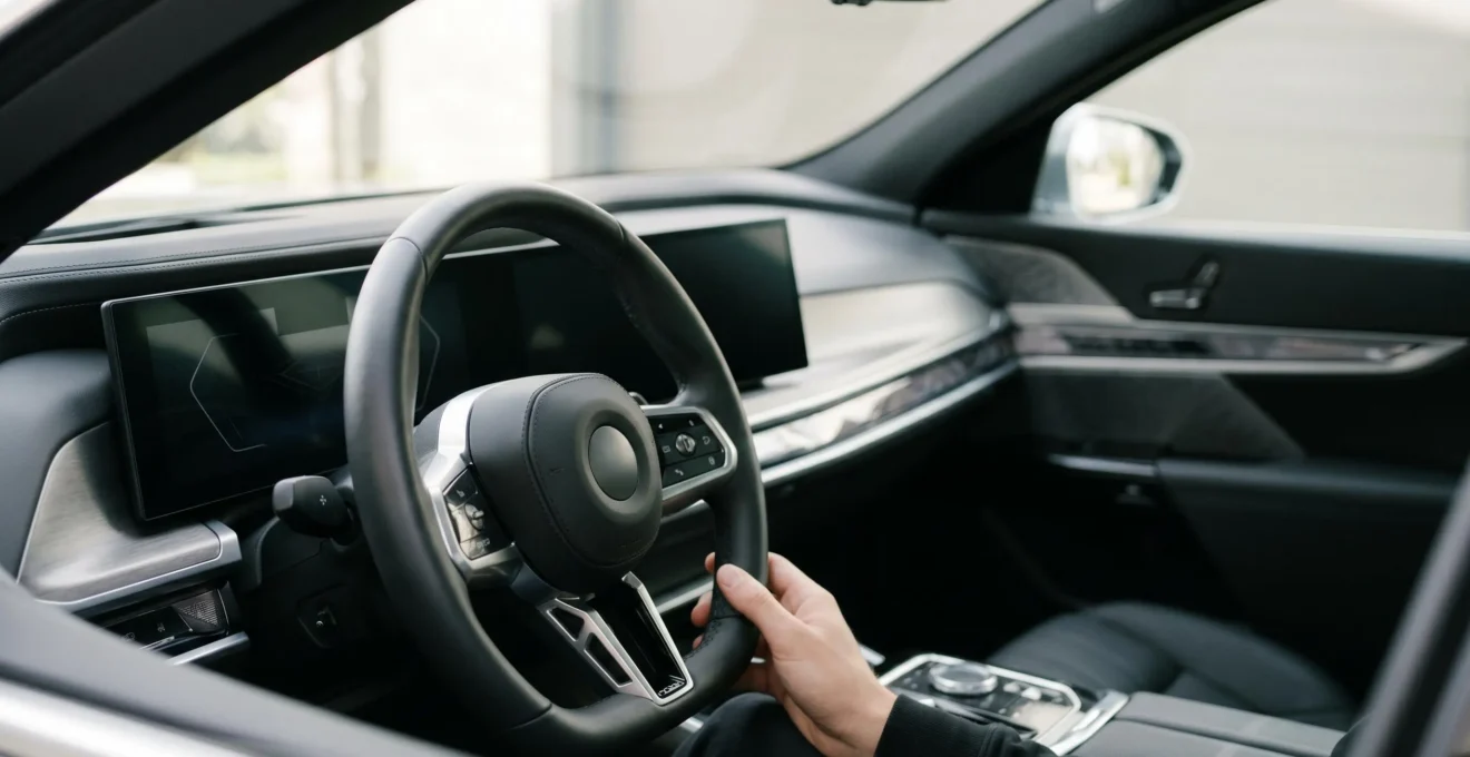 Modern vehicle dashboard with integrated digital displays and advanced electronic control systems