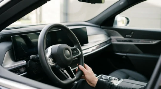 Modern vehicle dashboard with integrated digital displays and advanced electronic control systems