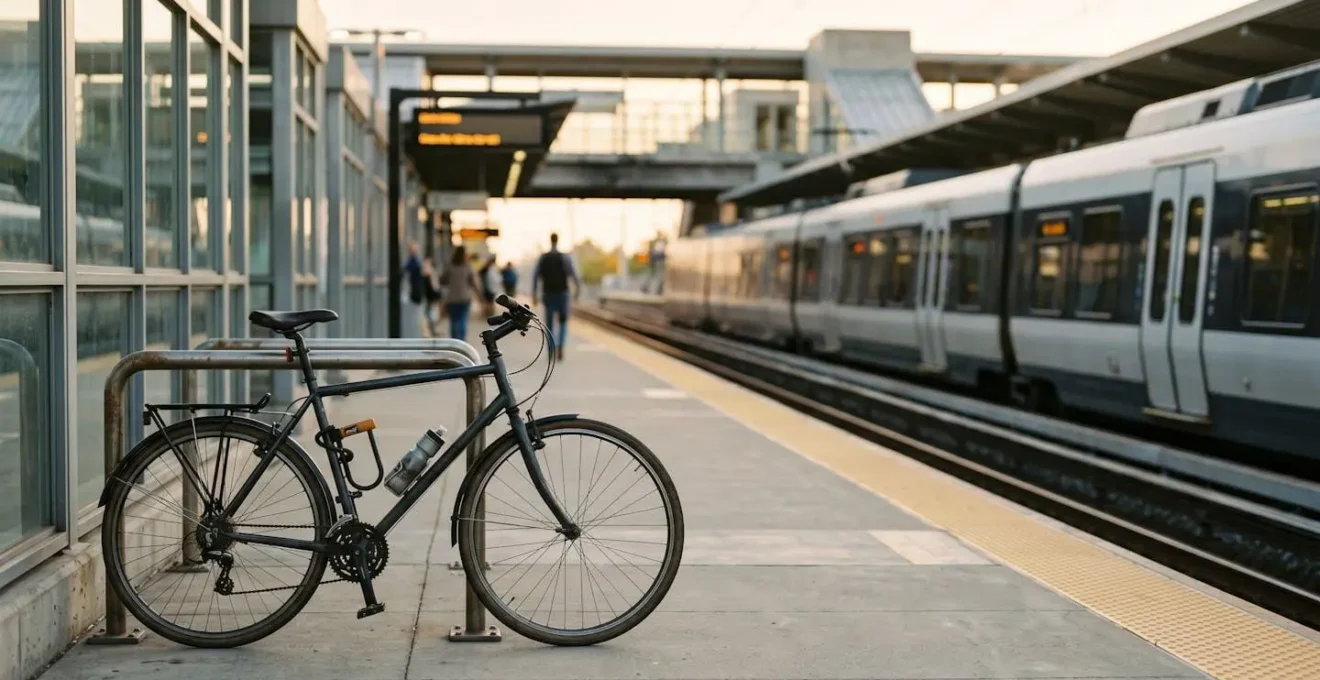 Commuter transitioning between train and bicycle in modern transport hub