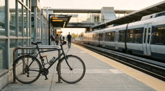 Commuter transitioning between train and bicycle in modern transport hub