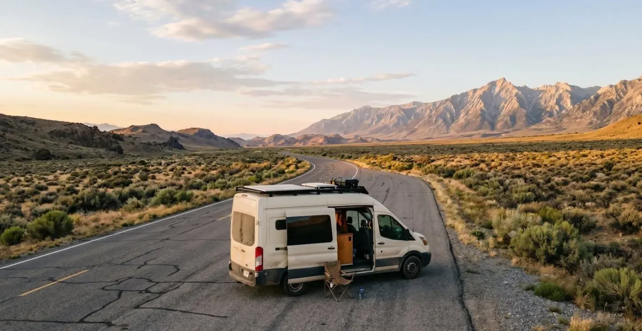 A minimalist wide-angle photograph capturing a converted van on an open rural highway at golden hour, emphasizing the freedom and self-defined success of nomadic lifestyle