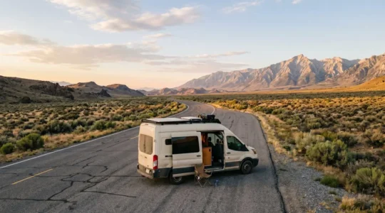 A minimalist wide-angle photograph capturing a converted van on an open rural highway at golden hour, emphasizing the freedom and self-defined success of nomadic lifestyle