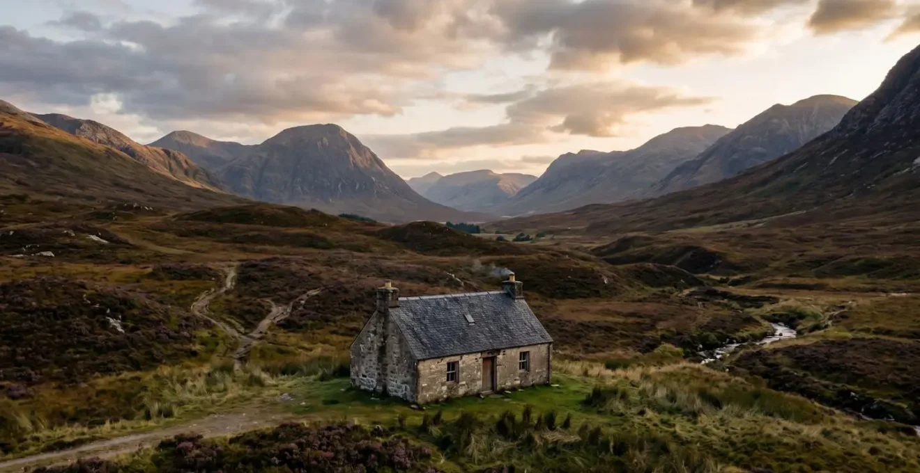 Remote stone cottage nestled in Scottish Highlands with modern satellite technology blending into rugged landscape
