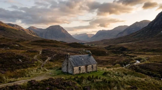 Remote stone cottage nestled in Scottish Highlands with modern satellite technology blending into rugged landscape