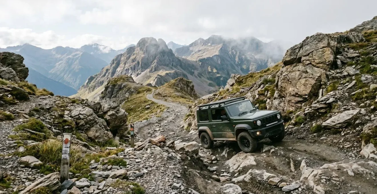 Four-wheel drive vehicle navigating steep rocky mountain trail with dramatic terrain