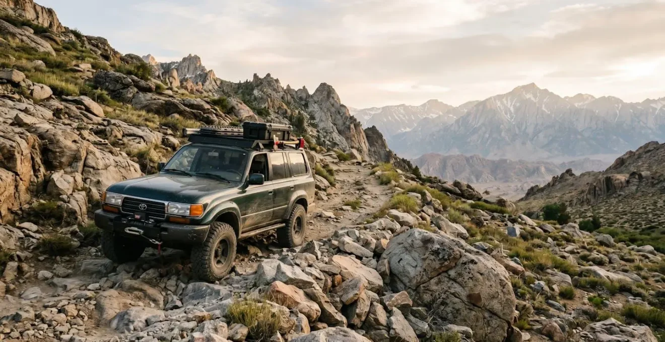 Rugged all-terrain SUV conquering challenging mountain track with rocky obstacles