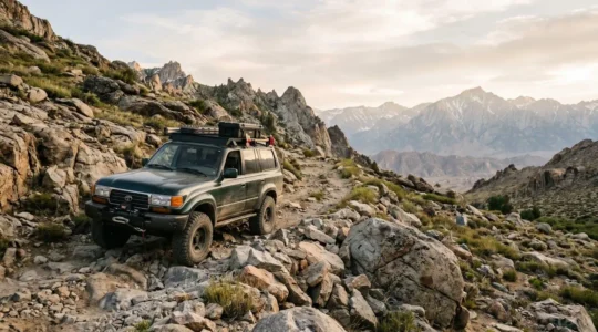 Rugged all-terrain SUV conquering challenging mountain track with rocky obstacles