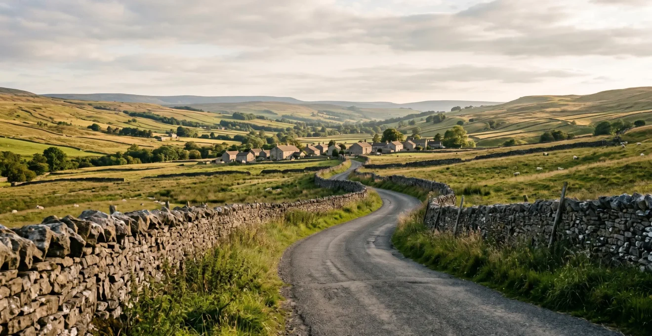 Winding single-track country road leading through traditional farming landscape with dry stone walls and distant village