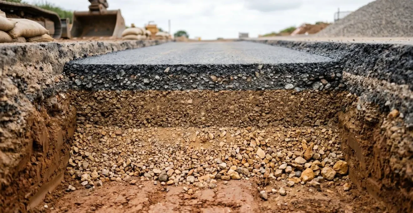 Cross-sectional view of modern road construction showing multiple structural layers beneath the surface