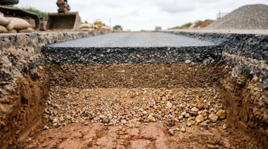 Cross-sectional view of modern road construction showing multiple structural layers beneath the surface
