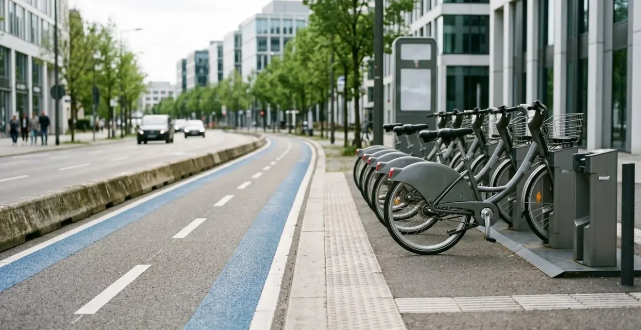Urban bike-share station with protected cycle lane in modern city environment showcasing sustainable transport infrastructure