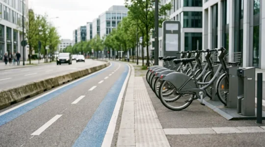 Urban bike-share station with protected cycle lane in modern city environment showcasing sustainable transport infrastructure