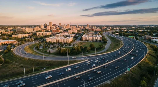 Aerial view of modern ring road bypass system with flowing traffic during golden hour, highlighting efficient traffic management and stress-free commuting