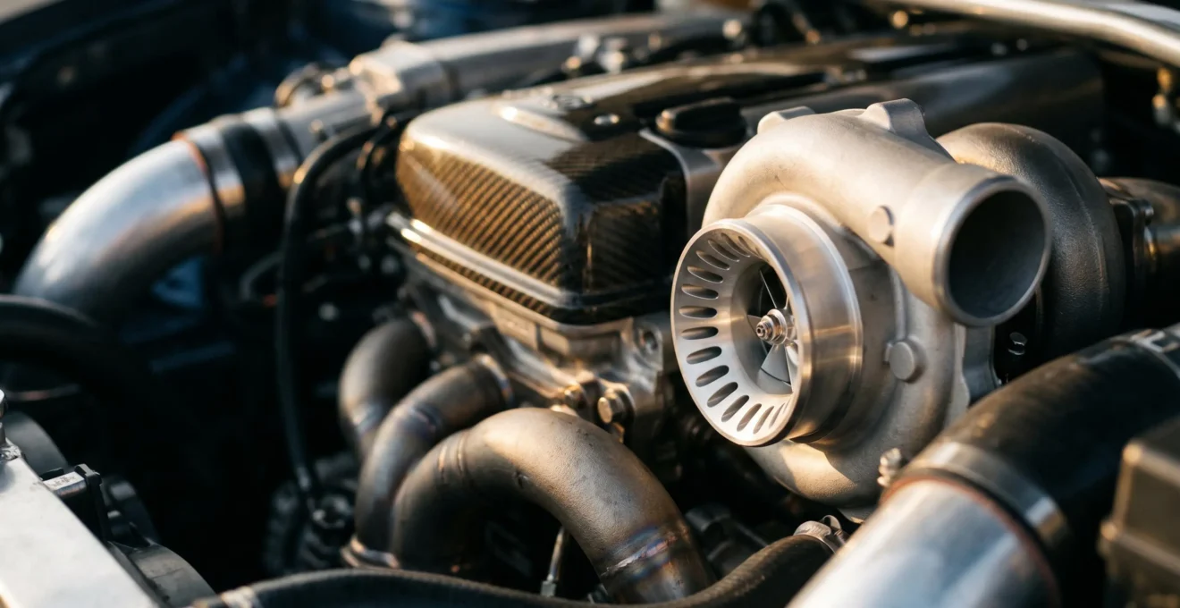 High-performance turbocharged internal combustion engine with visible turbocharger and intake manifold components