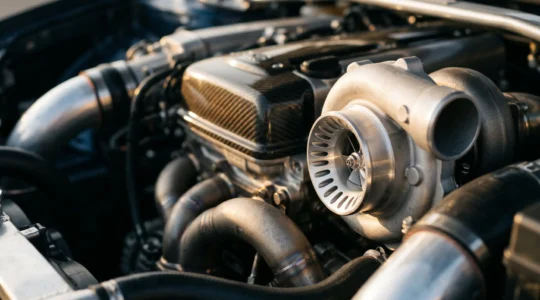 High-performance turbocharged internal combustion engine with visible turbocharger and intake manifold components
