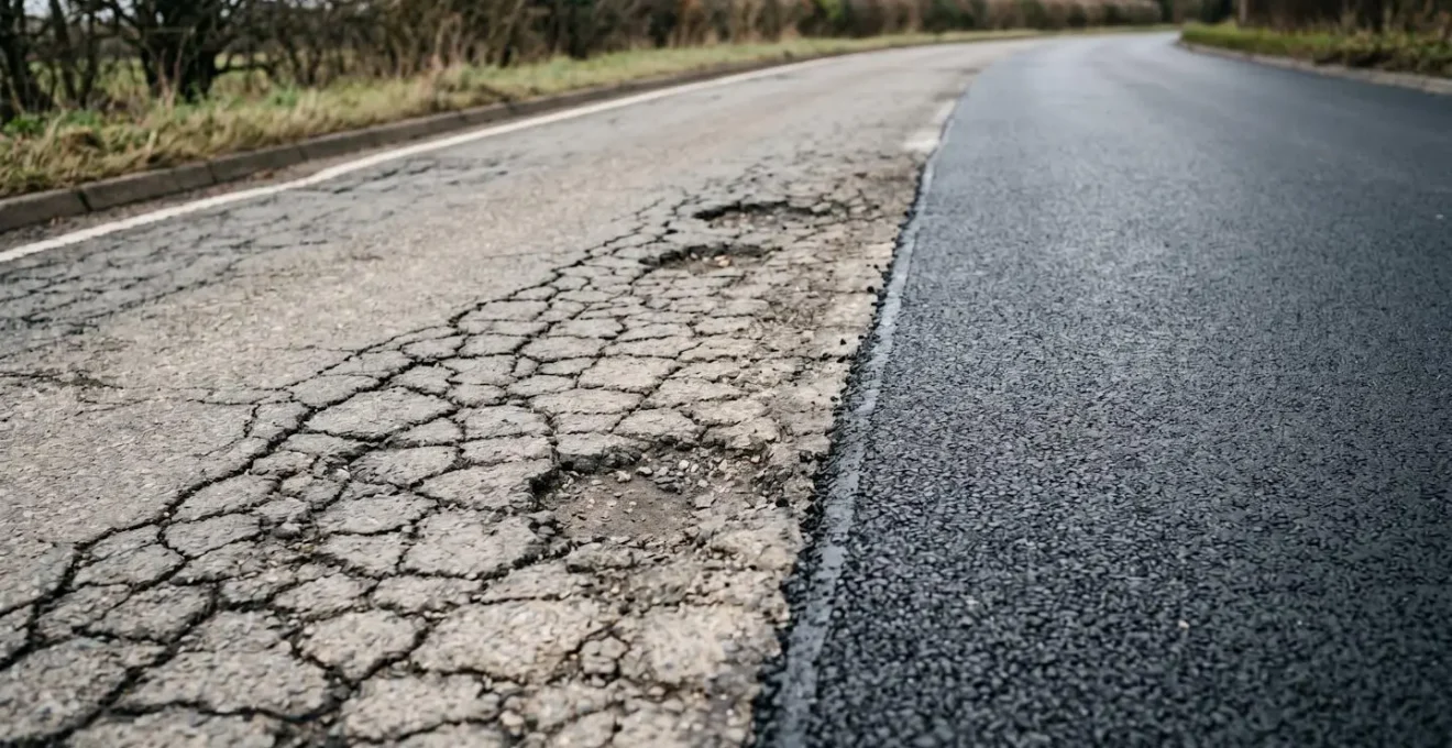 Contrasting UK road conditions showing cracked deteriorating asphalt beside pristine maintained surface