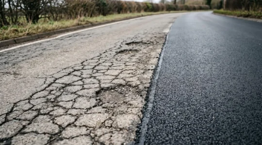 Contrasting UK road conditions showing cracked deteriorating asphalt beside pristine maintained surface