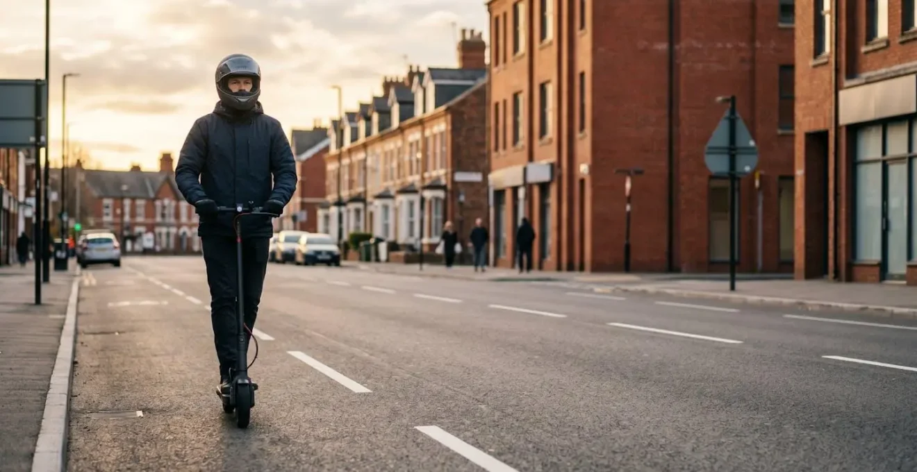 E-scooter rider wearing helmet navigating urban street with proper defensive positioning