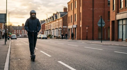 E-scooter rider wearing helmet navigating urban street with proper defensive positioning