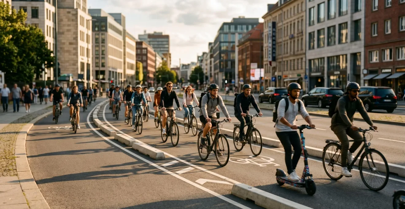 Urban street scene showing e-scooters and bicycles in dedicated lanes with minimal car presence, representing sustainable city transport