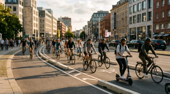 Urban street scene showing e-scooters and bicycles in dedicated lanes with minimal car presence, representing sustainable city transport