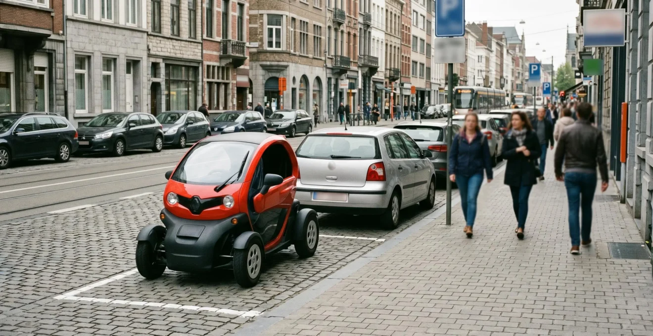 Compact electric microcar parked efficiently in urban city centre parking space