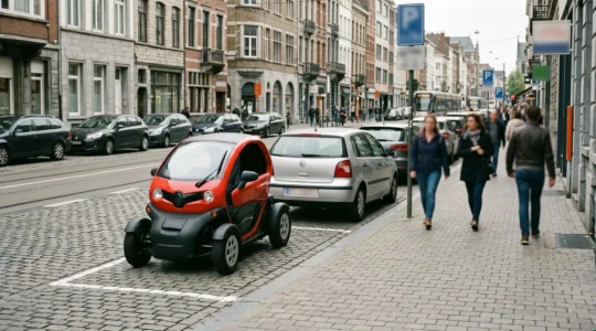 Compact electric microcar parked efficiently in urban city centre parking space