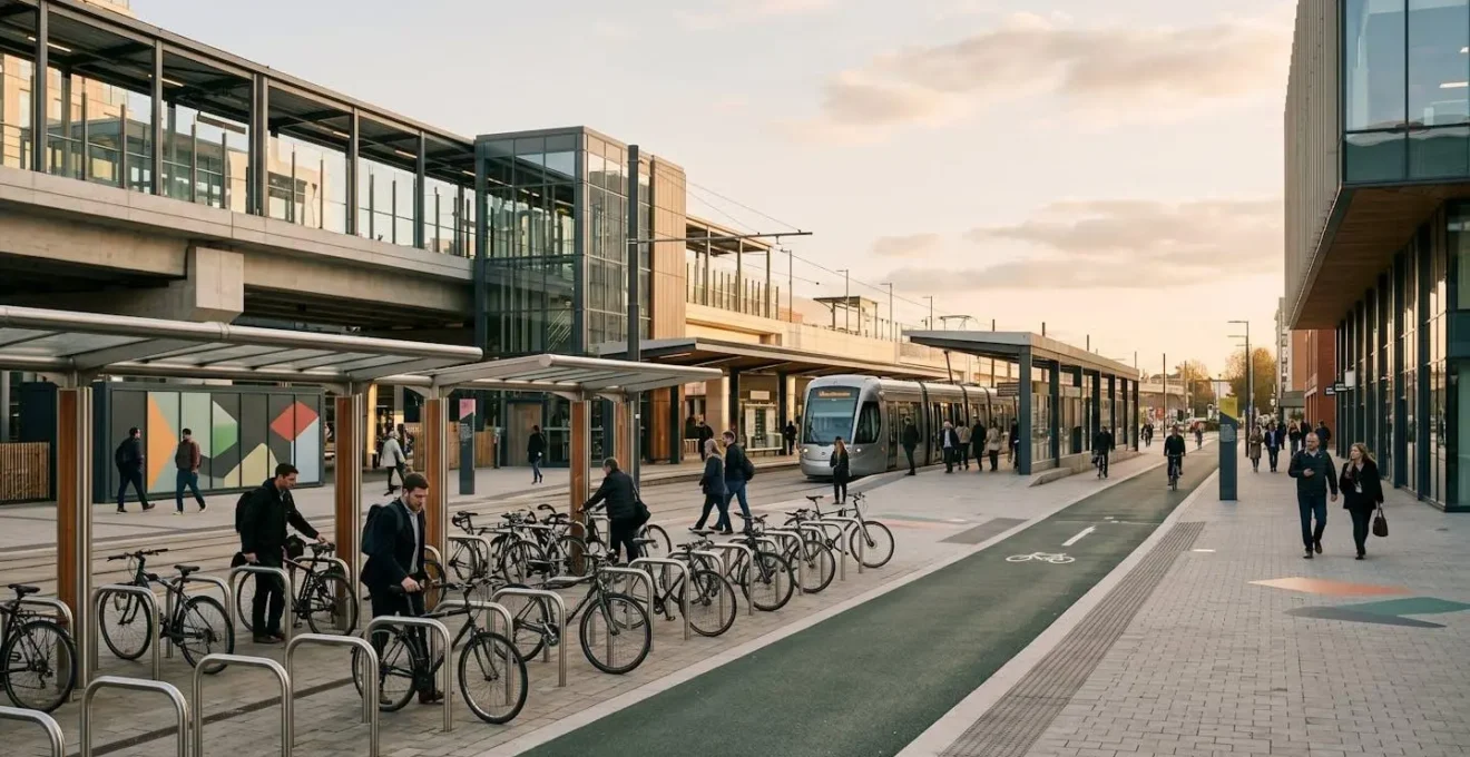 Multimodal urban transport integration showing seamless connections between different modes of transportation in a modern UK city environment