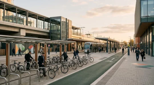 Multimodal urban transport integration showing seamless connections between different modes of transportation in a modern UK city environment